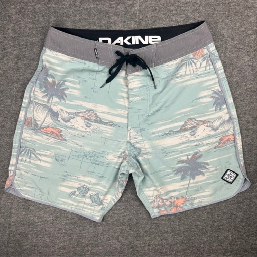 Dakine Mens Board Shorts Size 32 Aqua Blue Tropical Island Palm Tree Swim Trunks